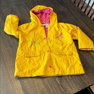 Girls' Yellow Hooded Rain Jacket with Dragonfly Embroidery